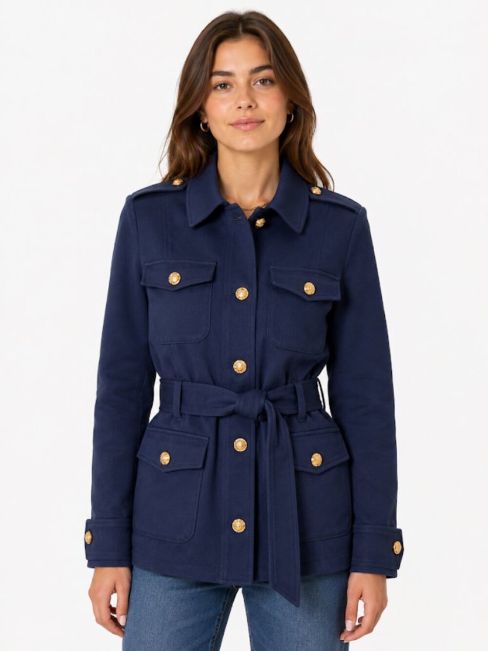 White House Black Market Navy Military Jacket Gold Buttons Belted Size L